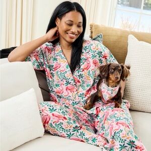 Printfresh Flock of Flamingos Eco Satin Short Sleeve Pajama Set Size Medium